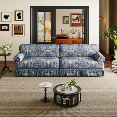 Canapé 93,7 po luxueux et confortable à 4 places Cloud, canapé en tissu Oxford avec accoudoirs roulés élégants et jupe plissée, canapé Mid-Century 26,4 po pour siège, bureau, floral bleu