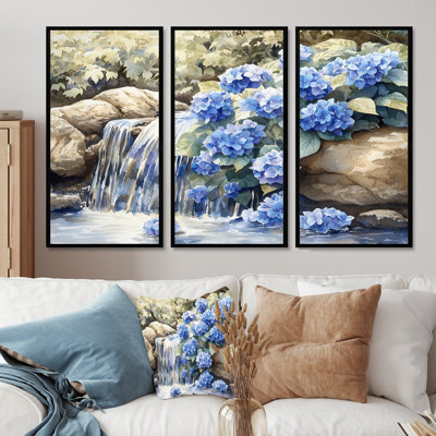 Hydrangées par la cascade III - art mural d'hortensias pour le salon - ensemble de 3