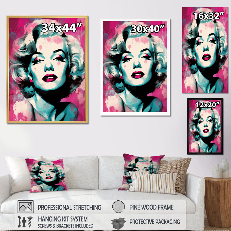 Magenta Monroe Popart Portrait - femme, impression d'art mural_105801, H 40 po x l 30 po x P 1,5 po, Cadre flottant doré