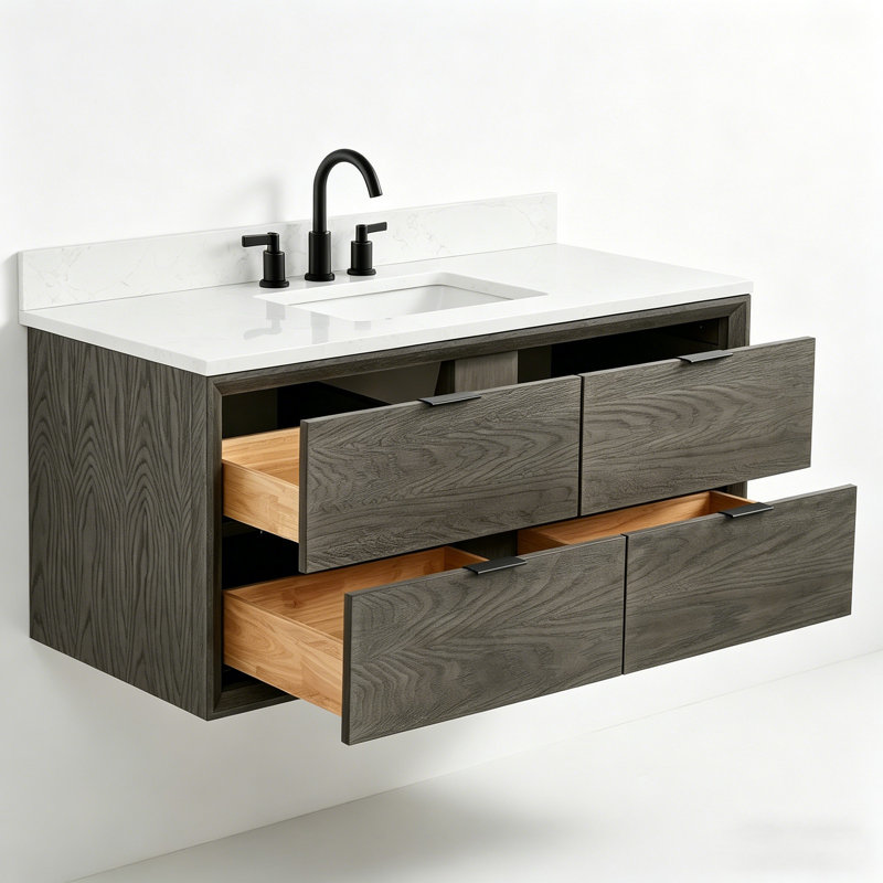 48" Transitional Floating Single Sink Solid Wood Gray Oak Bath Vanity with Engineered Marble Top, Gray Oak
