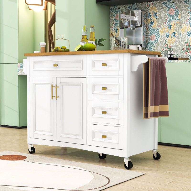 Chariot pour îlot de cuisine avec rallonge extensible, supports à épices et à serviettes et tablettes réglables, Blanc