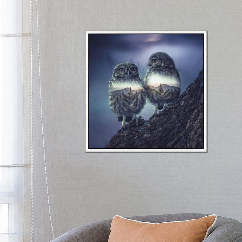 Owl Twins by Paul Haag - Print on Canvas, 66.04 cm H x 66.04 cm W, White Framed