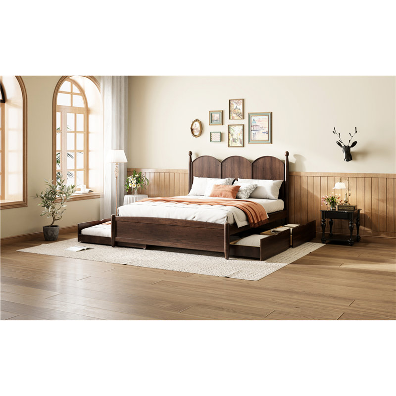 Grand lit plateforme avec rangement spacieux et lit gigogne simple en noyer