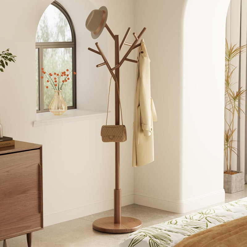 Coat Rack, Solid Wood Coat Rack Independent, With 12 Hooks, Coat Tree Independent, 3 Adjustable Heights, Brown