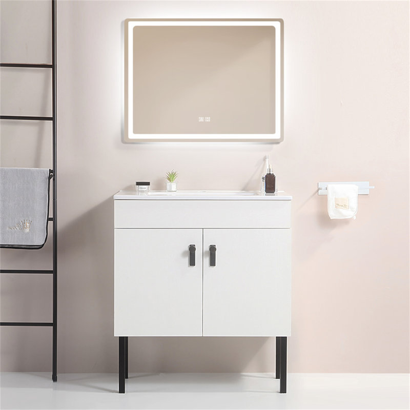 Meuble-lavabo compact de 30 pouces avec pieds en métal, lavabo en céramique blanche et portes à fermeture douce, parfait pour les petits espaces