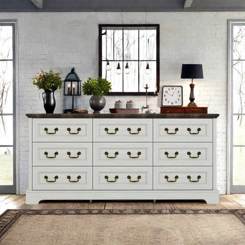Commode de ferme avec 9 tiroirs de 62,9 po de largeur convenant aux chambres à coucher, Gris / Brun