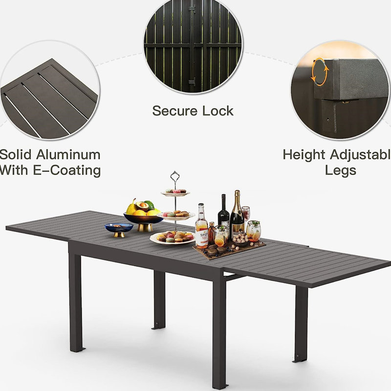 Grande table de patio extensible en aluminium de 53 po à 106 po pour 6 à 8 personnes, table de salle à manger rectangulaire foncé