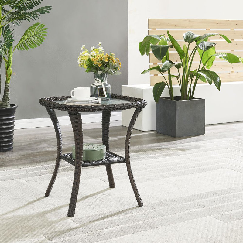 20 inch Patio Side Table, Outdoor Patio Wicker Square End Table Double Storage Layer, All-Weather Rattan Coffee Tables Porch Furniture for Backyard Poolside Garden
