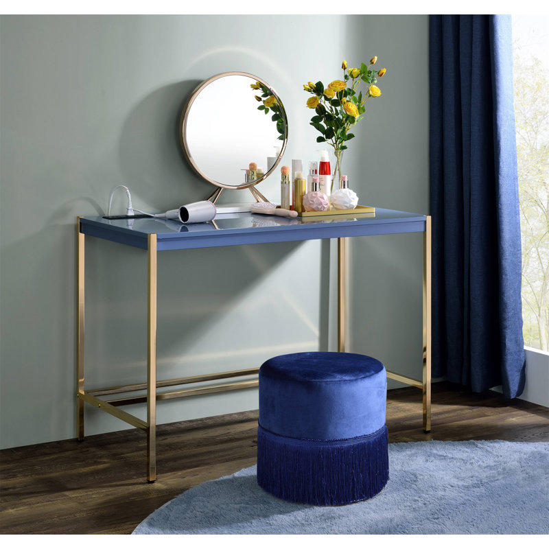 Midriaks Navy  & Gold Finish Writing Desk W/USB (Not Including Office Chairs), Navy Blue