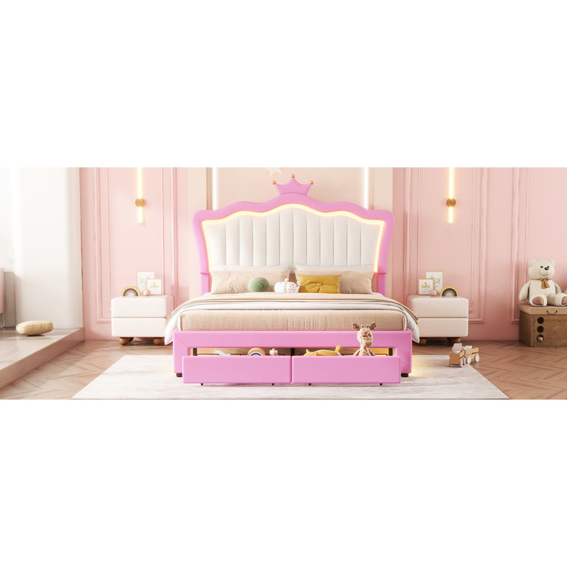 Lit double pleine grandeur avec tête de lit tapissier et lumières à DEL, rangement à 2 tiroirs rose et blanc