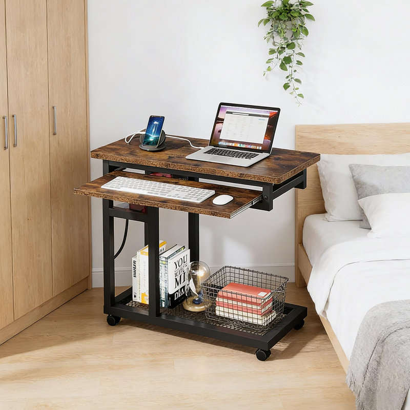 Side Table, End Table With Wheels And Charging Station