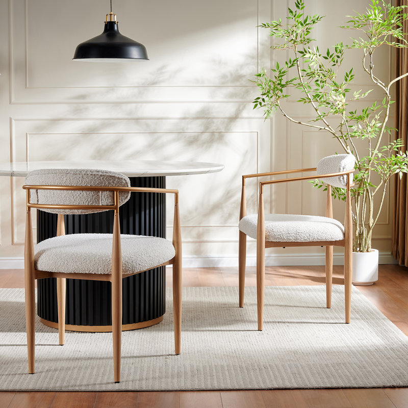 Metal Upholstered Dining Chairs, Beige Boucle, Beige