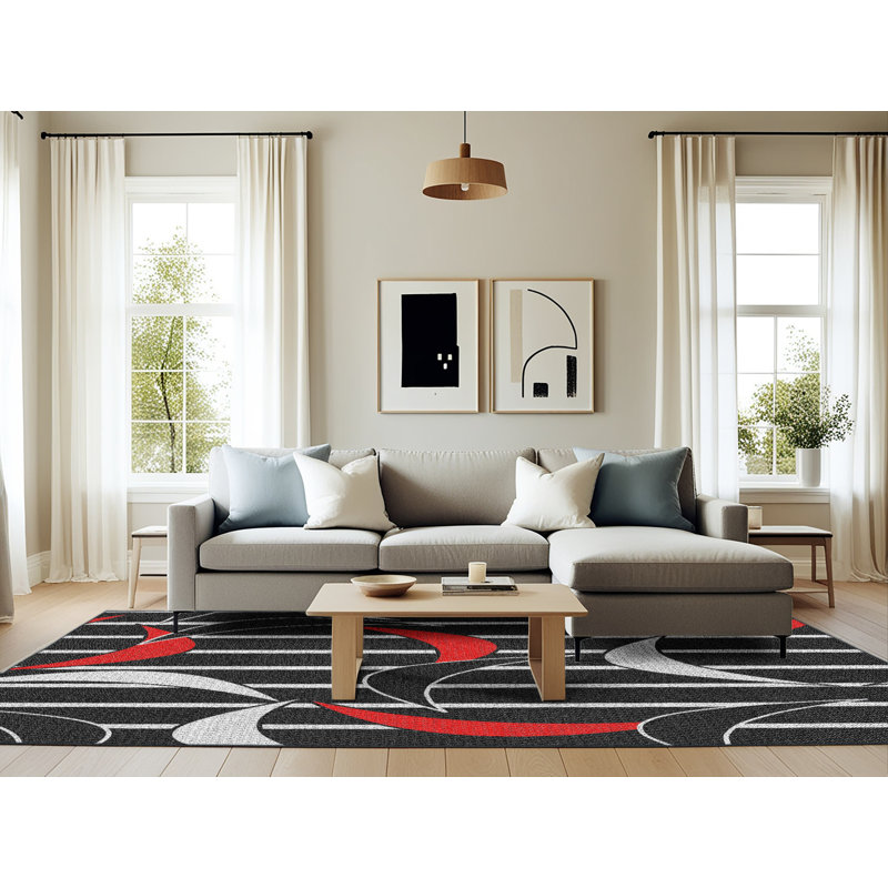 Tapis noir/rouge à motifs, Rectangle 6 pi x 9 pi