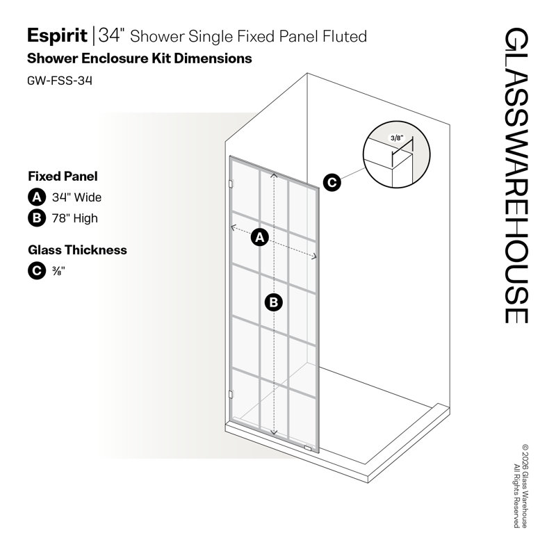 Esprit 34 in. x 78 in. French Monture Single Fixed Shower Panel