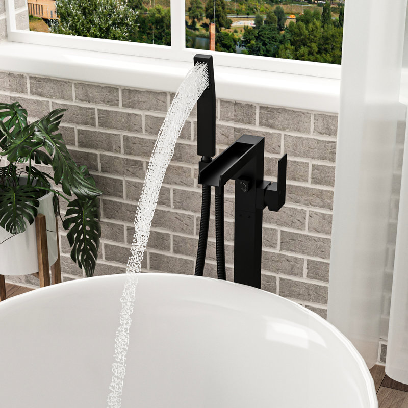 Freestanding Bathtub Faucet With Waterfall Tub Filler And Hand Shower, 360 Rotatable Spout, Dual Temperature Regulation, Brass Base Matte Black Faucet, 59" - Kink Hose, Control For Relaxing Water