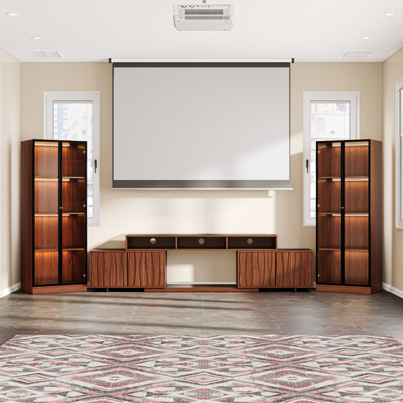 110''W Walnut Finish Expandable Entertainment Center 3 Piece Set for 75/80/85/90/100 inch TV, Mid-century Modern Wooden Media Console Include Adjustable TV Stand with Storage and Two 4-tier Glass Display Cabinet with Light for Living Room, Brown