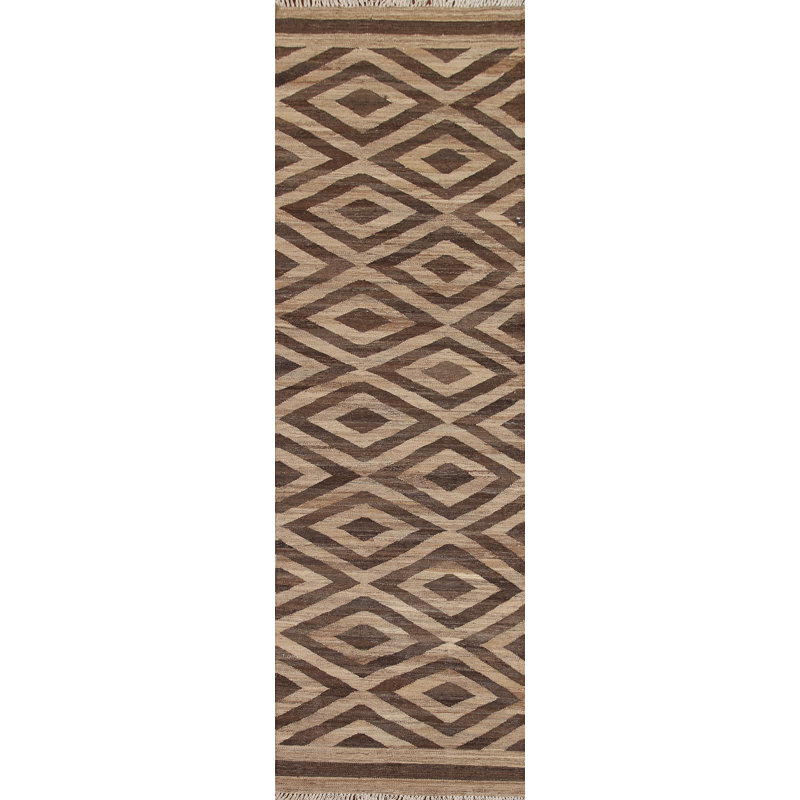 Reversible Wool Kilim Brown Runner Rug 3x10