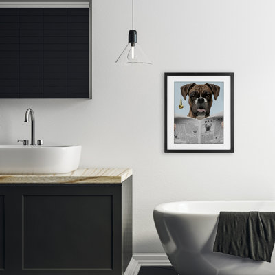 Boxer News Bathroom Humor Framed Print Under Glass, design by Jesse Keith