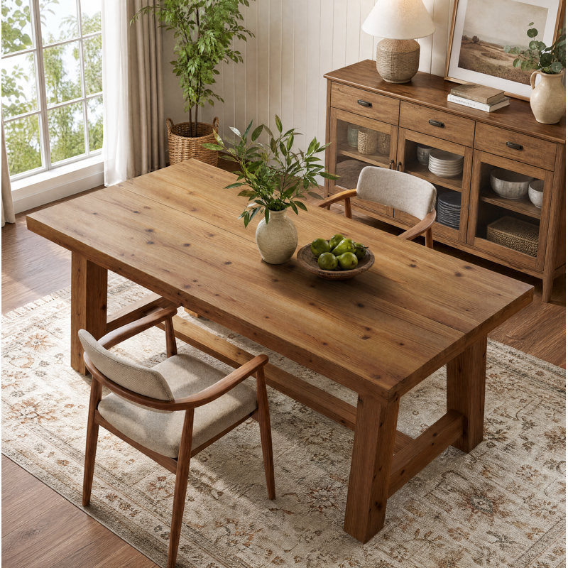 Table de salle à manger rectangulaire en bois de sapin massif 63 po pour 4-6, table de cuisine en bois naturel avec base à tréteaux et plateau de table épais de 2 po