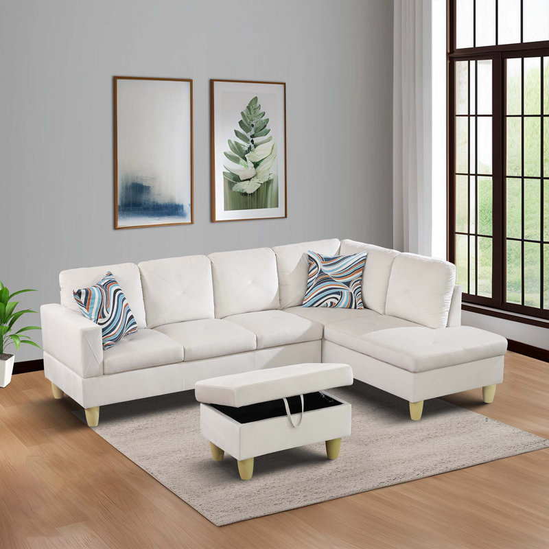 Ensemble de canapé convertible 3 pièces en flanelle blanche 66,5 po avec repose-pieds et table basse réversible