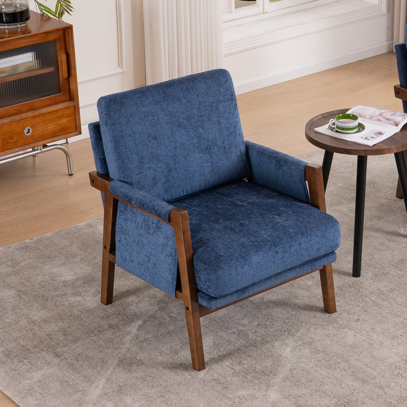 Quinze Mid Century Modern Upholstered Chenille Solid Wood Accent Armchair, Navy