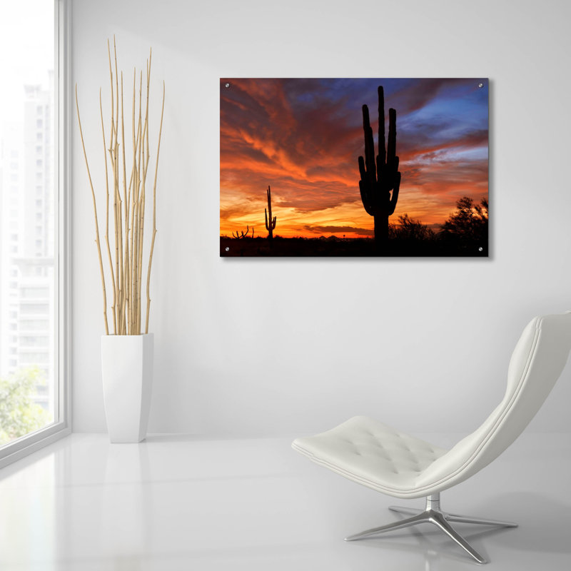«Mesa Saguaro Sunset 5078» par Mike Jones, art mural en verre acrylique, 36 po x 24 po, 36 po x 24 po