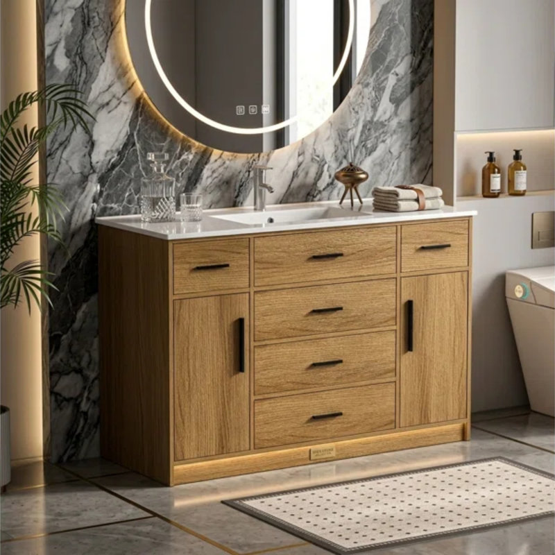Meuble-lavabo en chêne 48 po avec 2 portes à fermeture douce, 6 tiroirs et une armoire de rangement spacieuse pour les salles de bain modernes