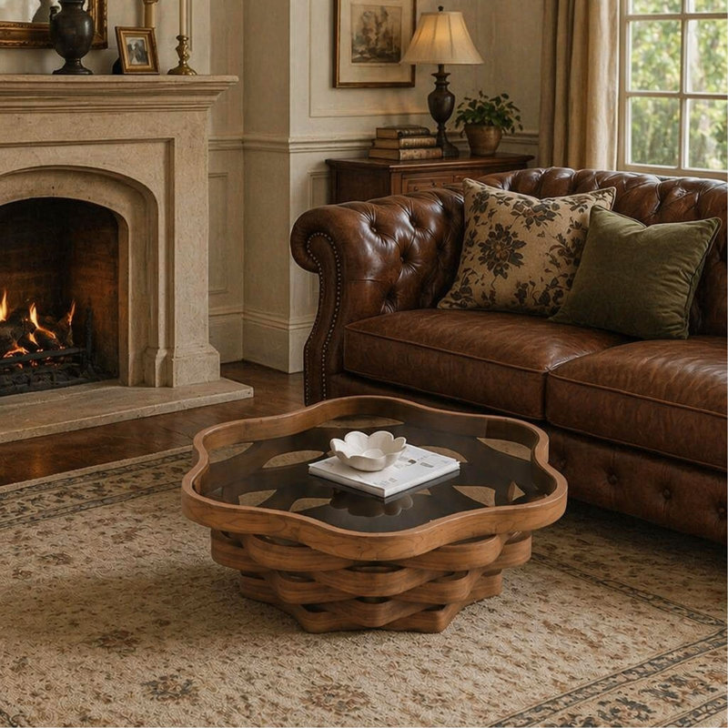 Table basse 35,83 "unique en forme de nuage irrégulier avec plateau en verre trempé, table de cocktail artistique moderne en panneau de fibres à densité moyenne pour salon et appartement