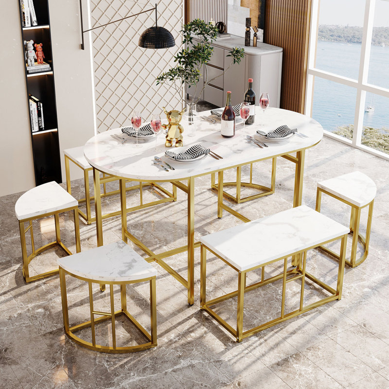 Besfort Dining Set, White/Gold