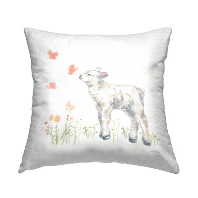 Baby Lamb Pink Fluttering Butterflies Meadow Outdoor Printed Pillow by Katrina Pete