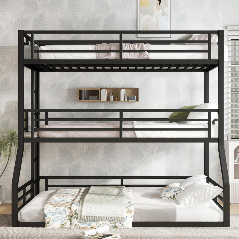 Bunk Bed, Heavy-Duty Metal Triple Bunk Bed with Guardrails and Noise-Reducing Design, Space-Saving, Black