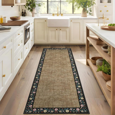 Tapis de couloir à bordure moderne moderne 2x6 - Tapis antidérapant lavable à poils courts pour couloir, cuisine, chambre à coucher, salle de bain ou salle de lavage, imprimé floral doux, beige