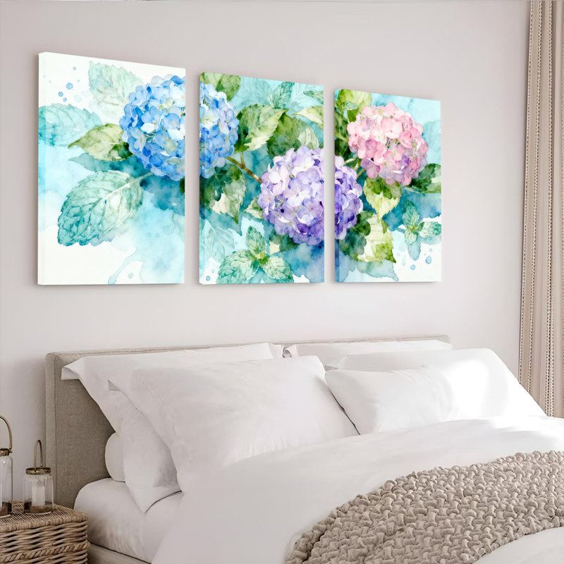 Peinture murale sur toile tendue, motif floral d'hortensias à l'aquarelle (paquet de 3), H 18 po x l 36 po