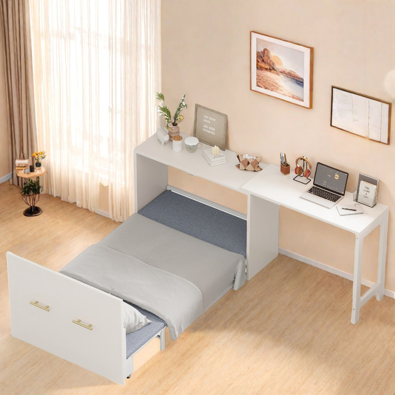 Lit escamotable avec bureau à position réglable et coussin pliable, Blanc