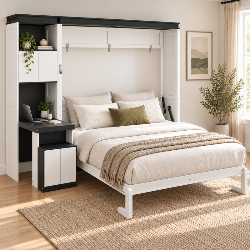 Lit escamotable Deskelyn Queen Size avec bureau intégré, étagères et placards de rangement réversibles, lit mural pliable blanc gain de place, cadre en bois massif et MDF, sommier à lattes en pin
