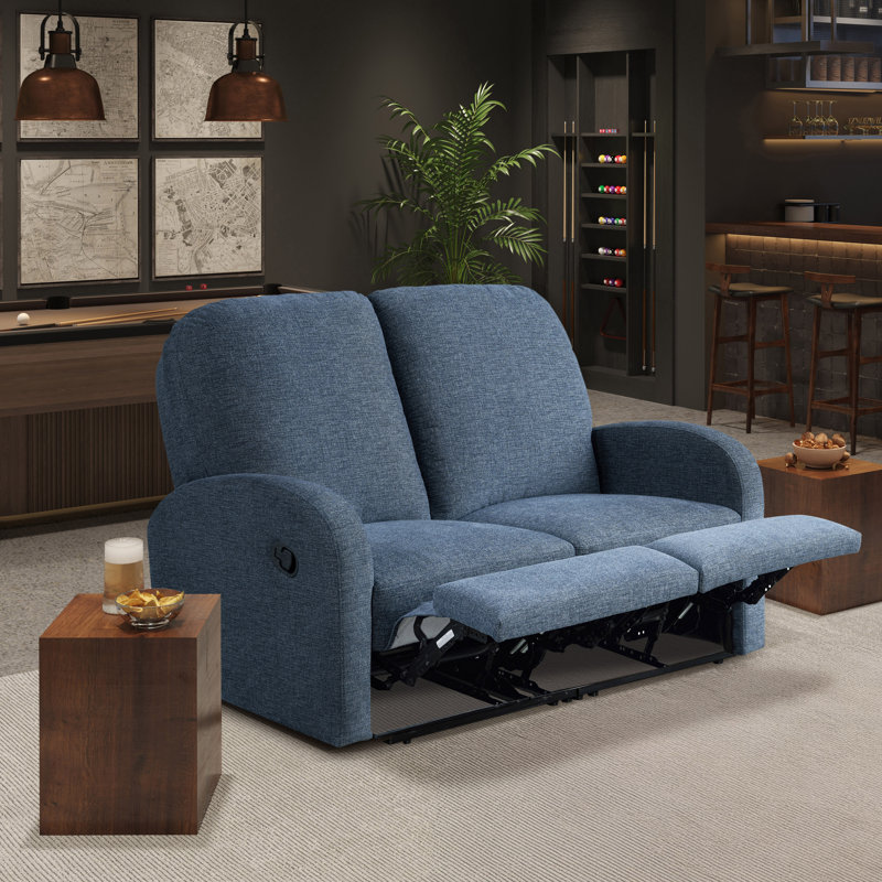 Hallstead 58.3" Wide Manual Reclining Loveseat, Curved Arm, Pocket Coil Seating, Woven Fabric, Blue