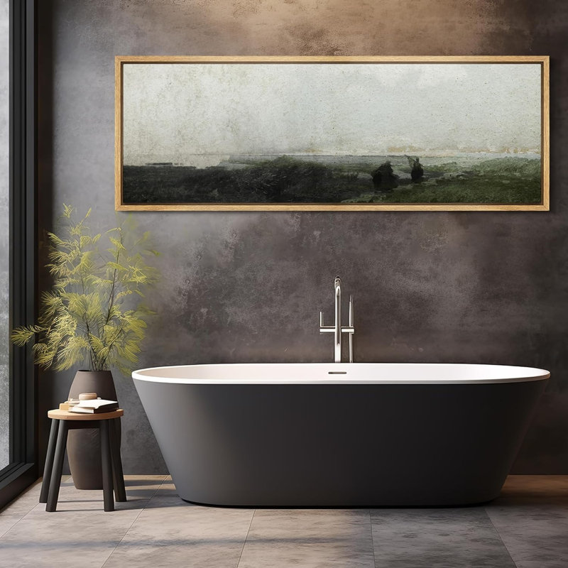 «Rustic Countryside Misty Coastal Landscape Subdued Tones», reproduction d'art sur toile, H 20 po x l 60 po, Natural