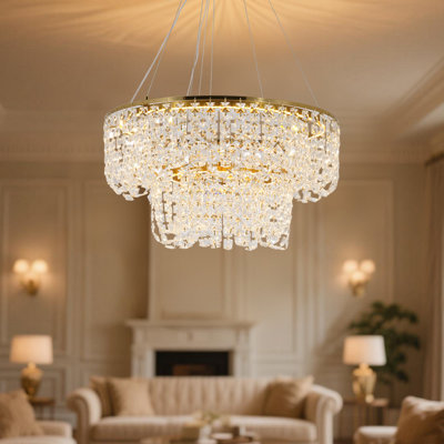23.6'' Wide 2-tier Gold Crystal Chandelier With Dimmable Led Light And Wall Switch – Elegant Ceiling Fixture For Living Room Or Foyer