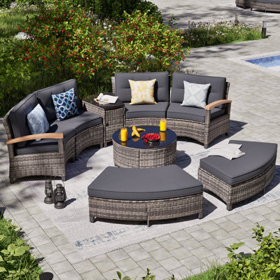 8 Piece Outdoor Patio Furniture Set, Half-Moon Curved Sectional Sofa Rattan Conversation Set With Wood Armrests, 2 Half-Moon Ottoman,Coffee Table & Si by Lark Manor