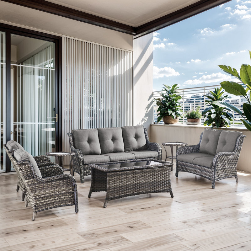 Schutt 7 Pieces Patio Seating Group with Cushions, Gray Frame/Gray Cushion