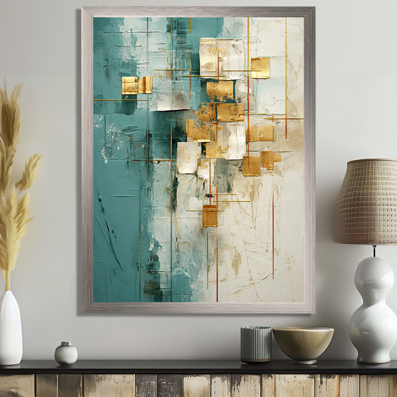 «California Sunshine Retro Abstract Gold Teal», reproduction d'art sur toile, H 44 po x l 34 po x P 1,5 po, Cadre simple gris