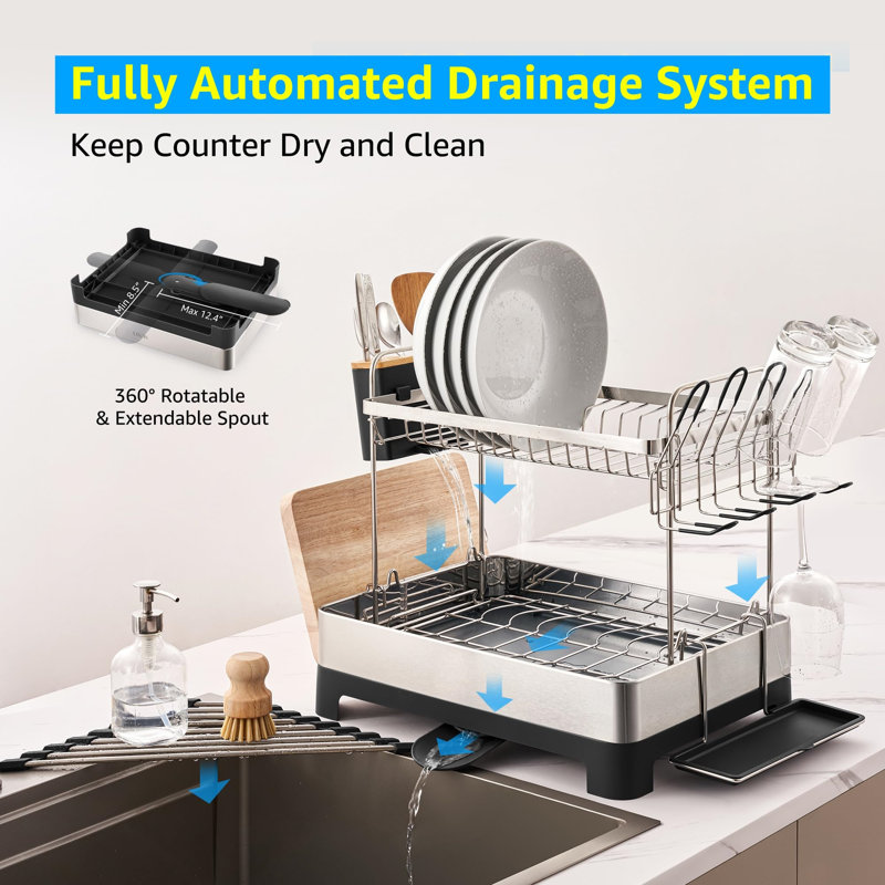 Extra Large Stainless Steel 2-Tier Dish Drying Rack with Utensil Cup