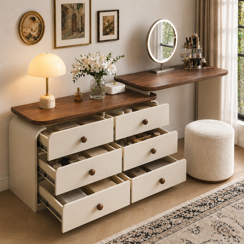 Meuble-lavabo moderne avec 6 tiroirs, coiffeuse extensible de 47,24 à 90 po, grand meuble-lavabo de rangement pour la chambre à coucher, coiffeuse en L ou droite, coiffeuse brune et crème