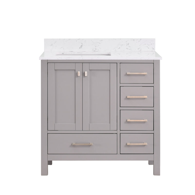 Angela 36'' Single Bathroom Vanity with Engineered Stone Top, White, Gray, Brushed Nickel