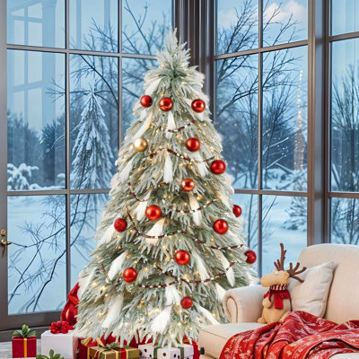 6ft Artificial Snow Flocked Christmas Tree with Drooping Leaf and White Feathers