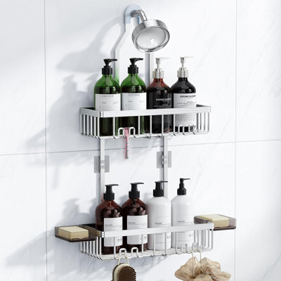 Support de douche suspendu, organisateur de douche Never Rust suspendu, supports de douche en aluminium pour douche intérieure avec crochets pour rasoir, organisateurs de salle de bain et rangement avec porte-savon, argent brillant