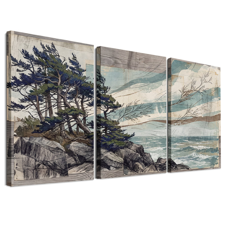 Ensemble de 3 toiles bleues sur une côte rocheuse avec turquoise, H 24 po x l 16 po x 3 pièces