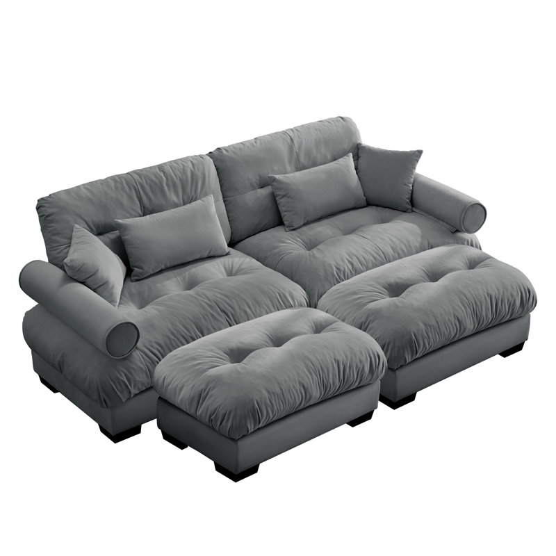 Canapé double surdimensionné en velours moderne avec accoudoirs rembourrés ronds et repose-pieds avec coussins lombaires et coussins décoratifs