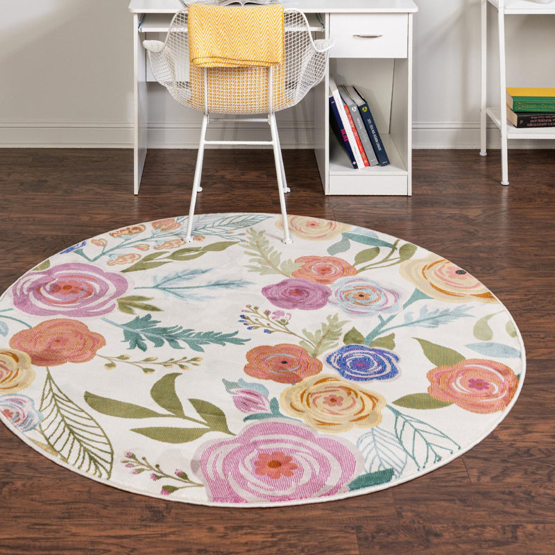 Tapis ivoire à motif floral Daignault, Rond 3 pi 3 po