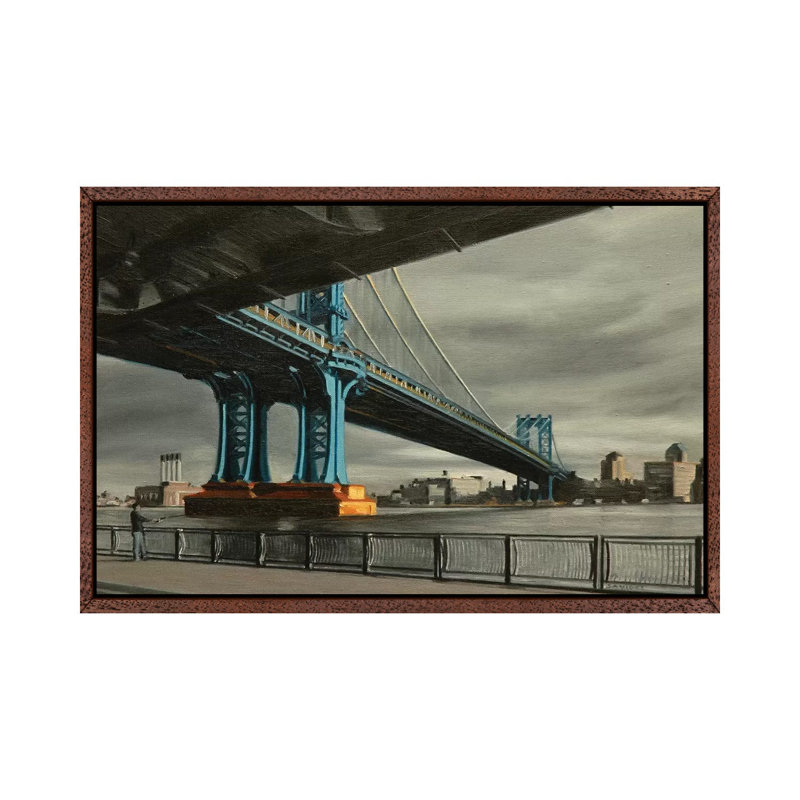 Manhattan Bridge with Grey Skies 1 Piece Painting on Canvas, 66.04 cm H x 45.72 cm W, Classic Brown Wood Framed